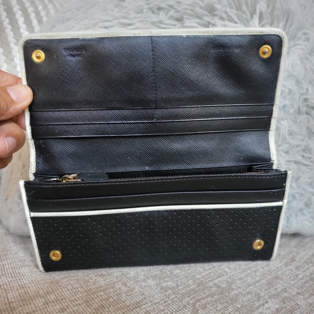 Prada Black/White Perforated Saffiano Leather Flap Continental Wallet - Picture 7 of 12